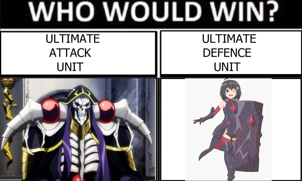 Meme “Who would win?” con Ainz de Overlord como unidad de ataque definitiva y Maple de Bofuri como unidad de defensa definitiva