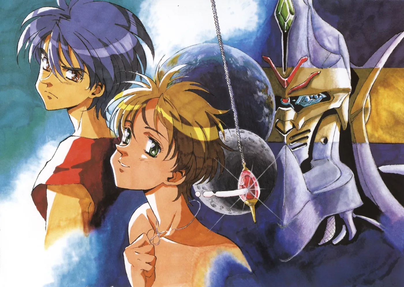 Arte promocional de The Vision of Escaflowne con Van, Hitomi y el mecha Escaflowne