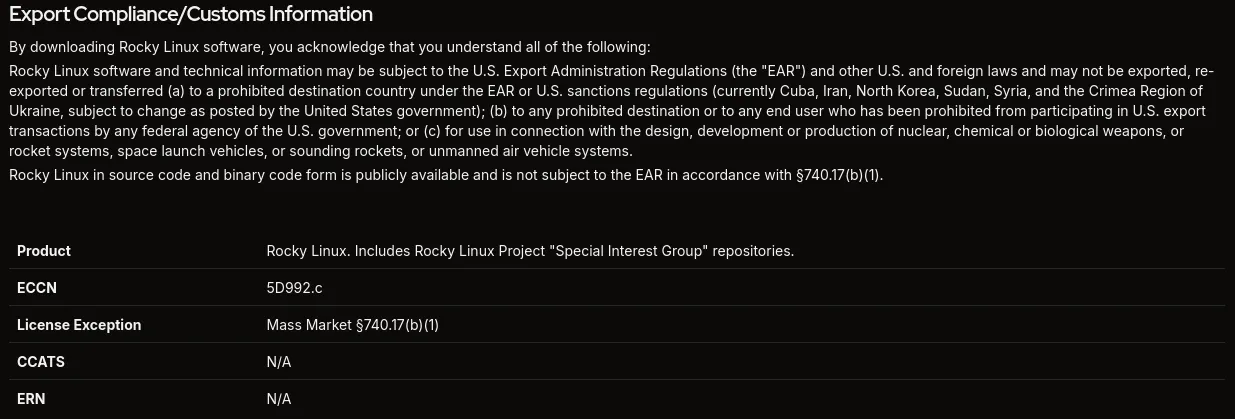Aviso de exportación en la página de descarga de Rocky Linux: los párrafos que prohíben exportar a ciertos países y, al final, la línea que declara el software no sujeto a las EAR