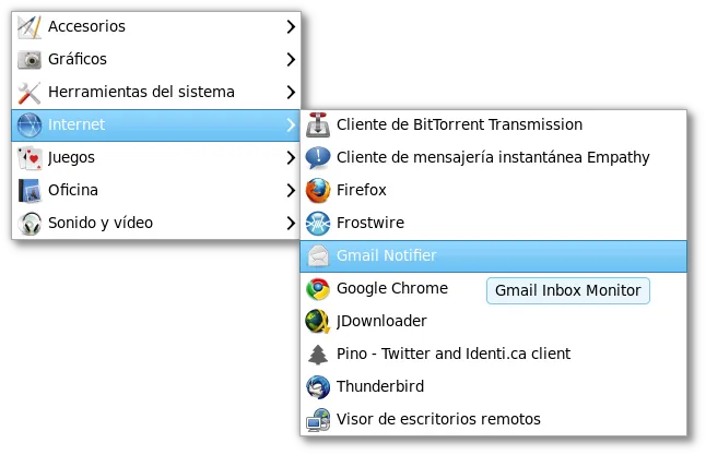 Gmail Notifier en el menú de Aplicaciones