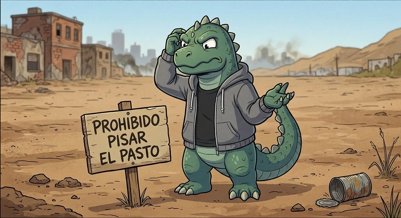 Un letrero de "prohibido pisar el pasto" clavado en un terreno pelón, sin una sola brizna de pasto