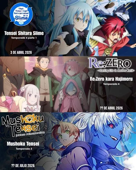 Collage promocional de las nuevas temporadas de Tensei Shitara Slime, Re:Zero y Mushoku Tensei